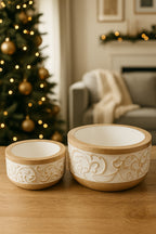 Embossed Wooden Bowl Set – Whitewashed Floral Design (Set of 2) - Collectiggles